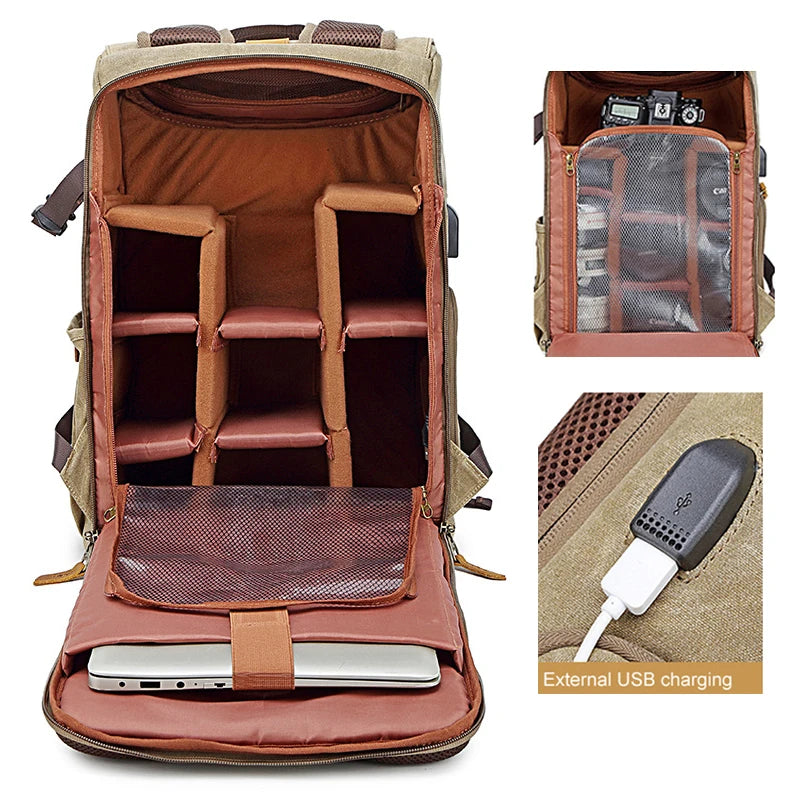Photography Retro Waterproof Batik Canvas Backpack W USB Port Fit 15.6Inch Laptop Men Camera Bag Carry Case for Canon Nikon DSLR